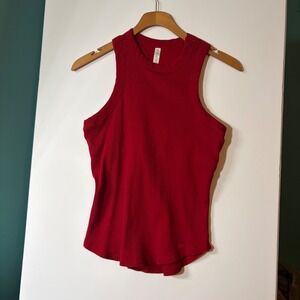 Fabletics Red Ribbed High Neck Tank Top Built-in Shelf Bra Racerback Womens L